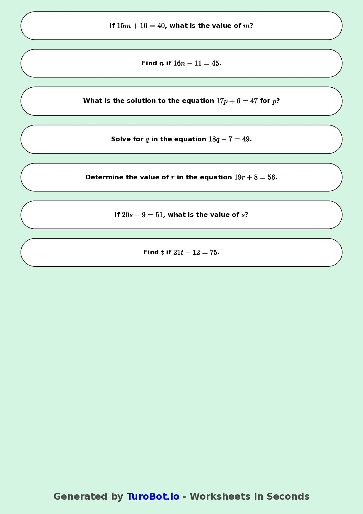 Math - Easy Multi-Step Equations Exercise 1 - Year 7 - Exercise 1