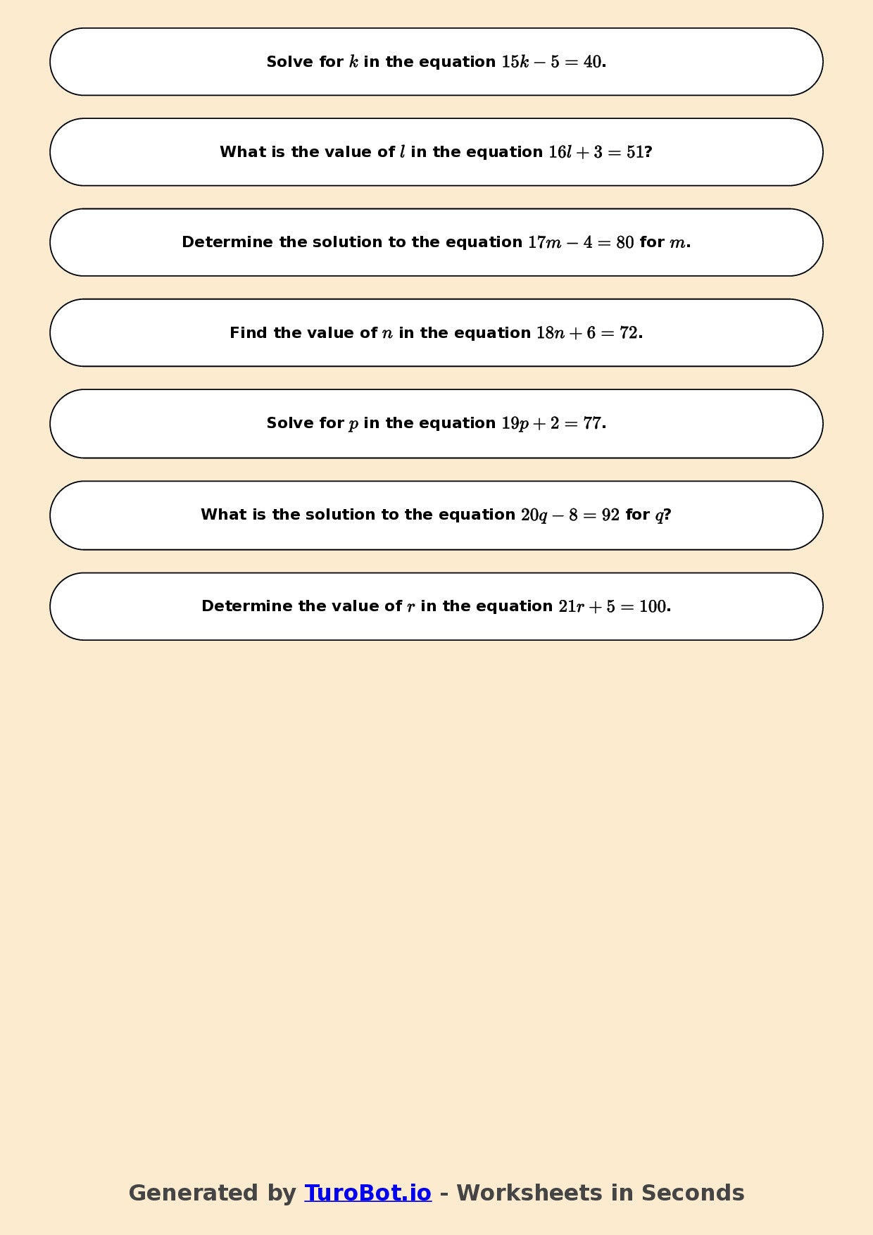 Math - Easy One-Step Equations Exercise 1 - Year 7 - Exercise 1