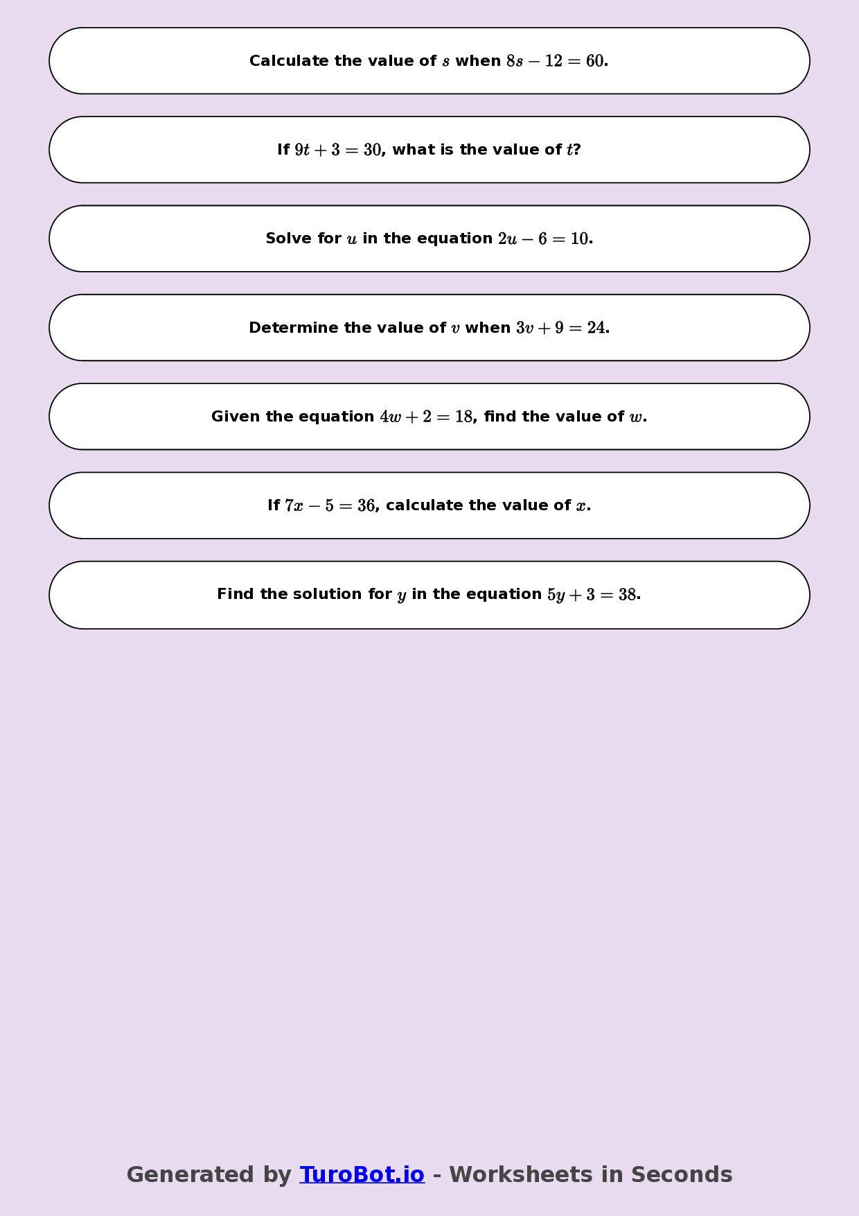 Math - One Step Equations Exercise 2 - Year 7 - Exercise 2