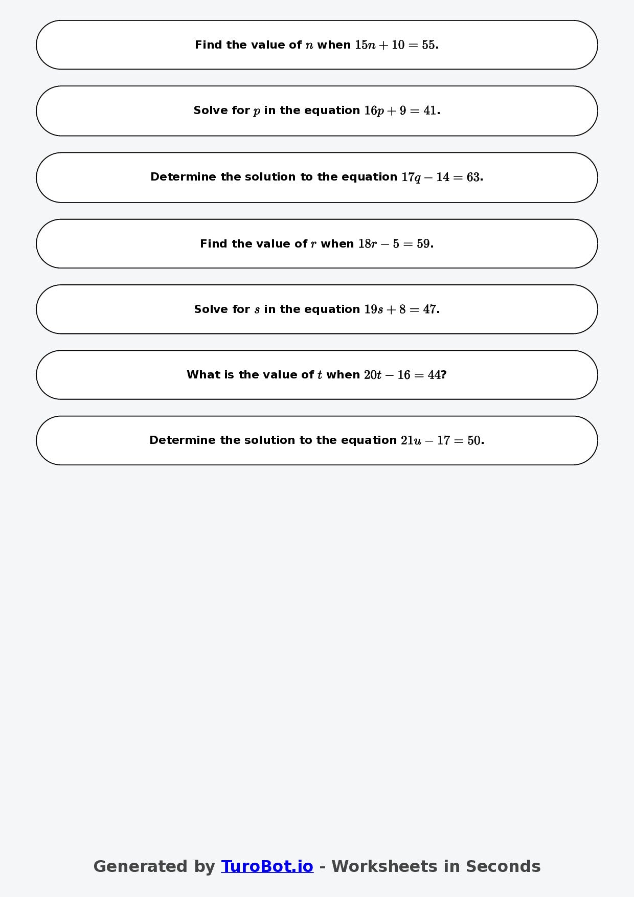 Math - One Step Equations Exercise 5 - Year 7 - Exercise 5