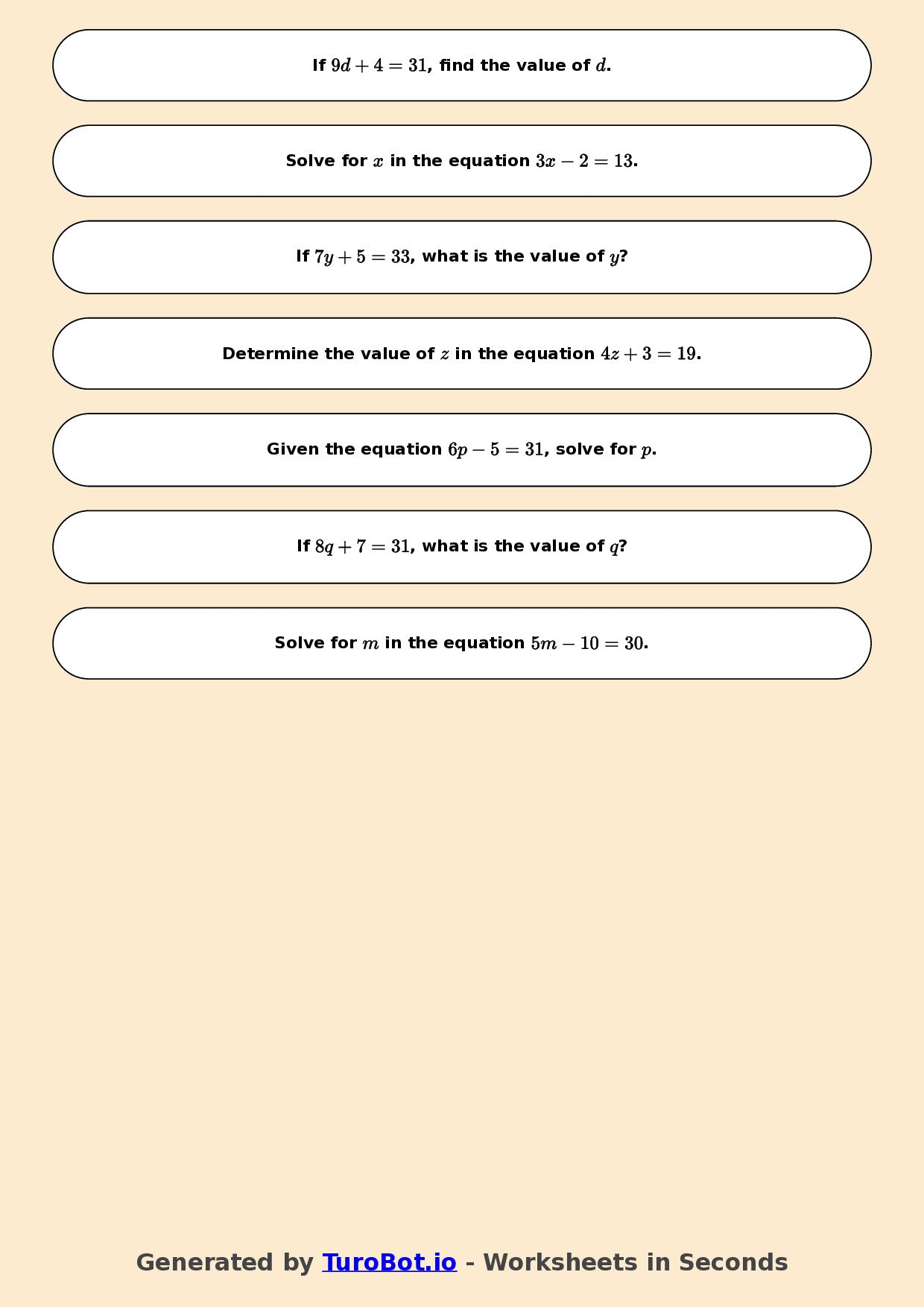 Math - One Step Equations Exercise 7 - Year 7 - Exercise 7
