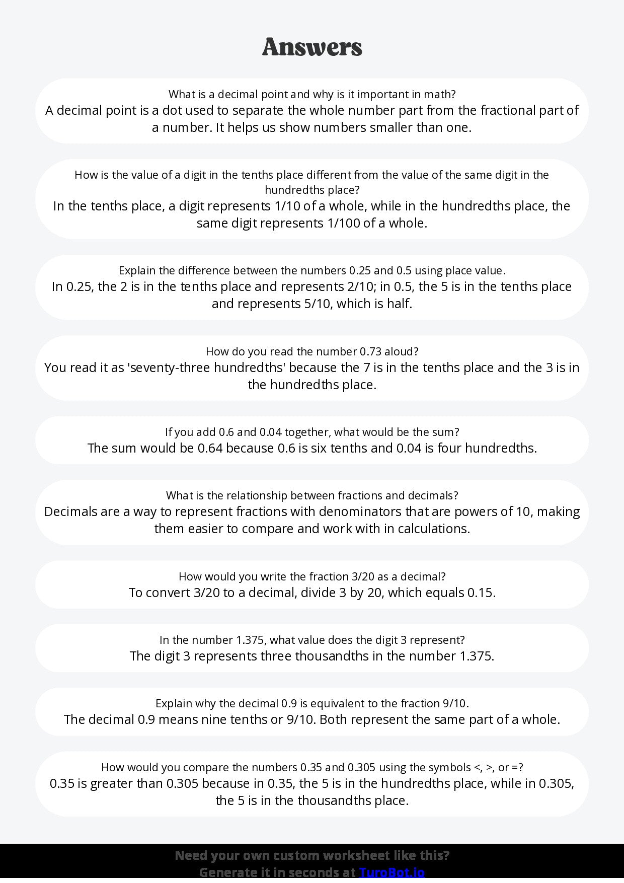 Free Worksheet - Year 5 Math Understanding Decimals and Place Value Short Answer Response