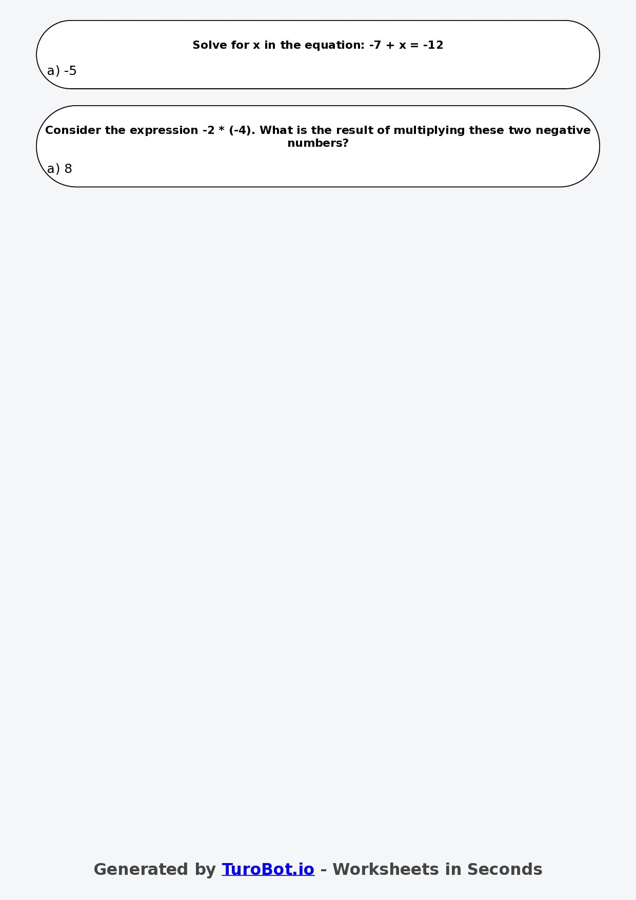 Year 6 Math Multiple Choice Worksheet – Algebra with Negative Numbers