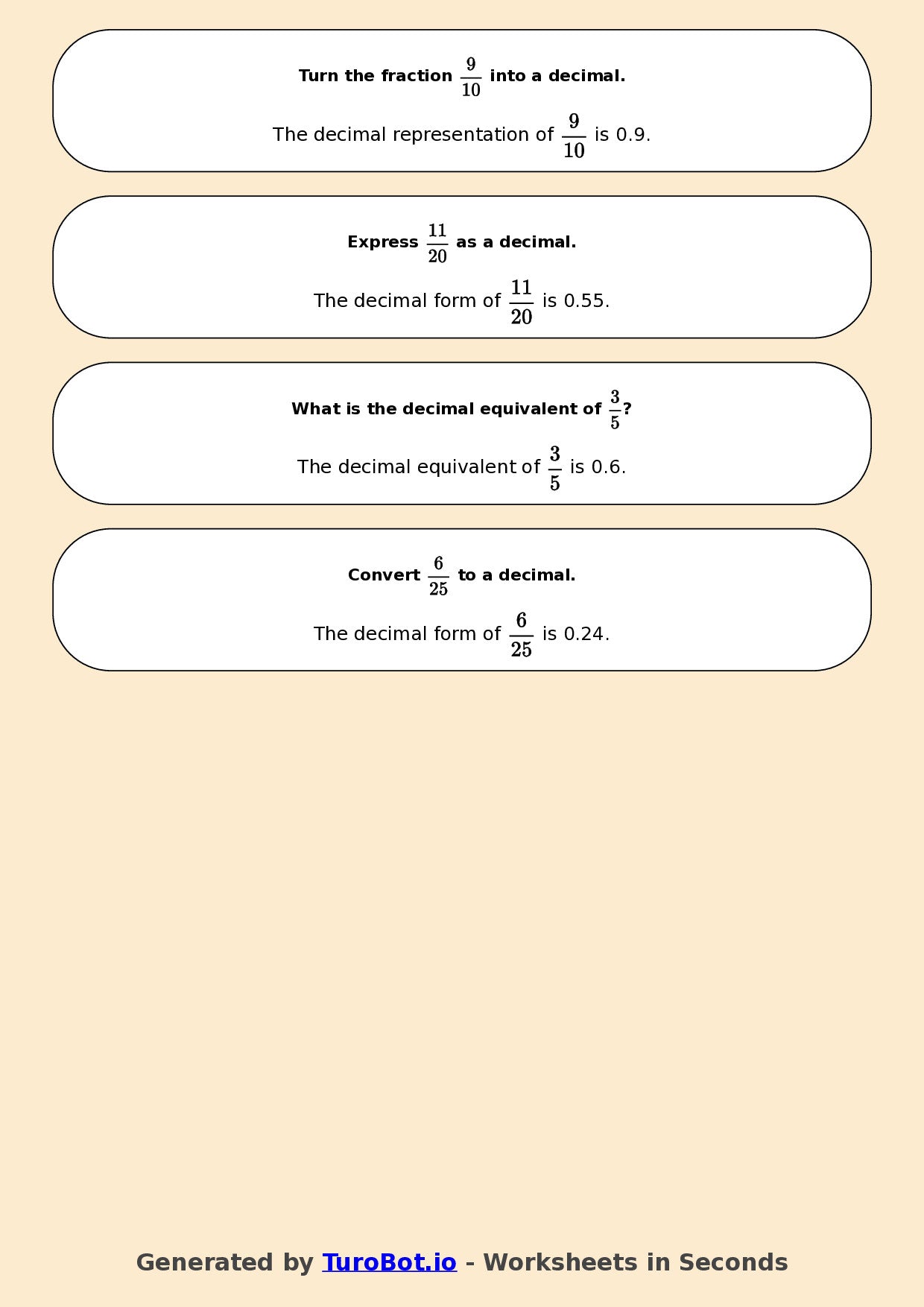 Year 6 Math Worksheet – Fractions to Decimals Basics