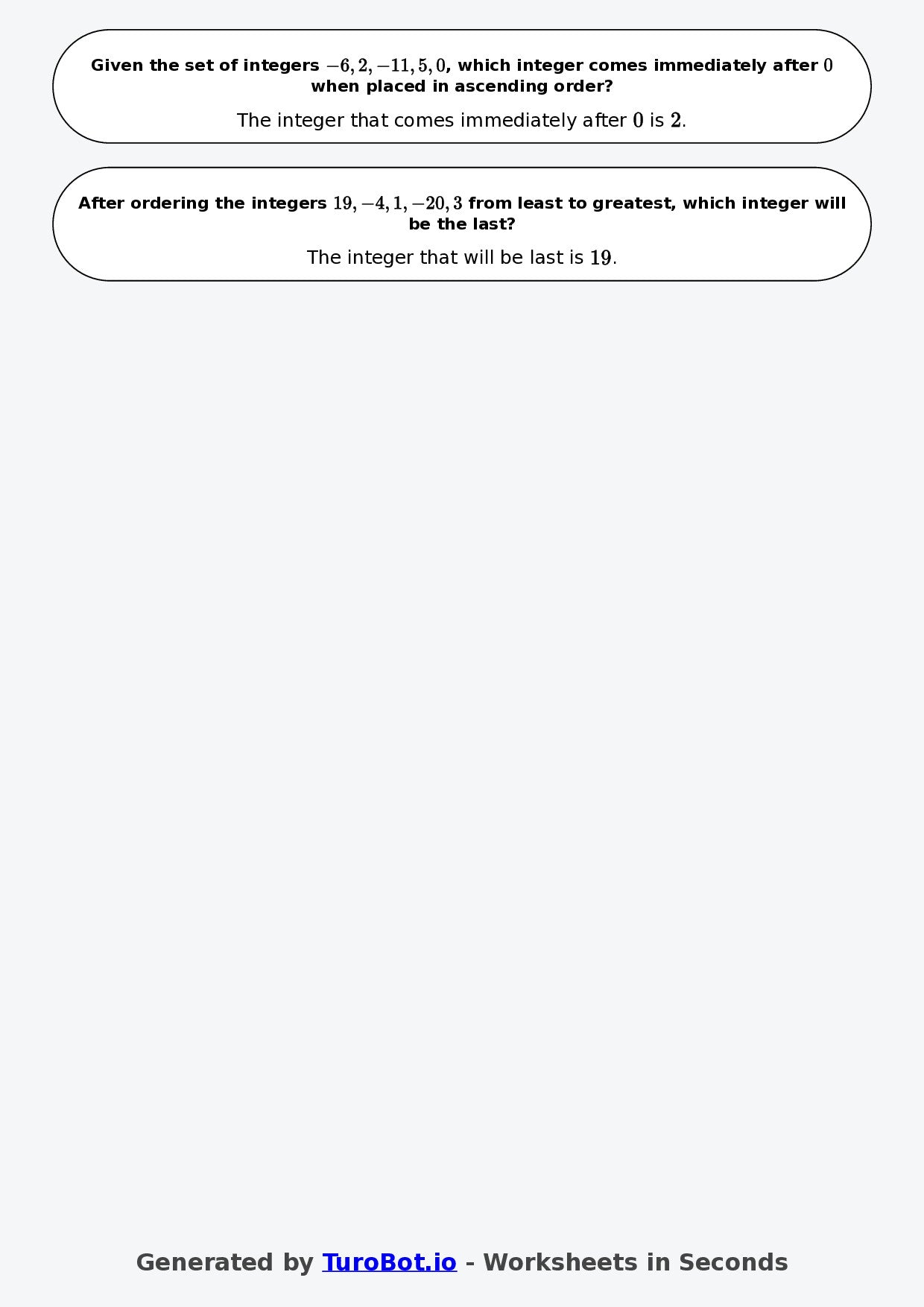Year 6 Math Multiple Choice Worksheet – Ordering Integers 2