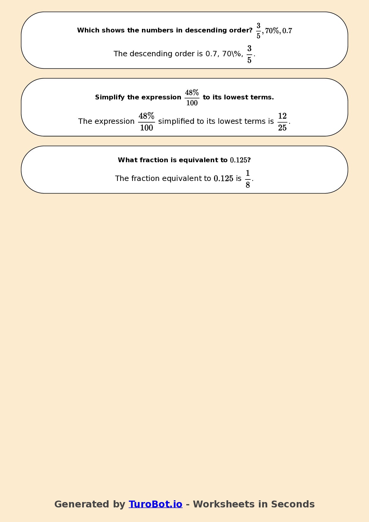Year 7 Math Worksheet – Compare Fractions, Decimals and Percents 2