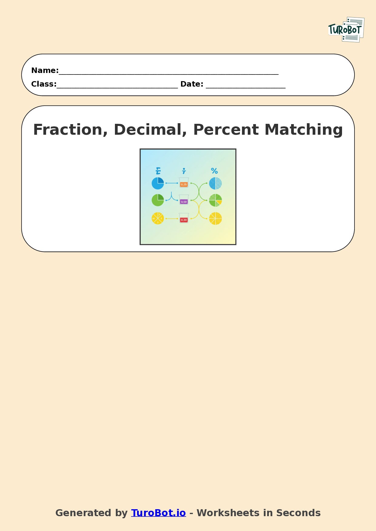 Year 7 Math Worksheet – Fraction, Decimal and Percent Matching – TuroBot