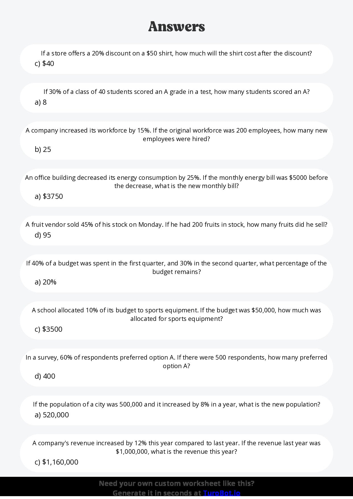 Free Worksheet - Year 7 Mathematics Percentages in Real Life Multiple Choice