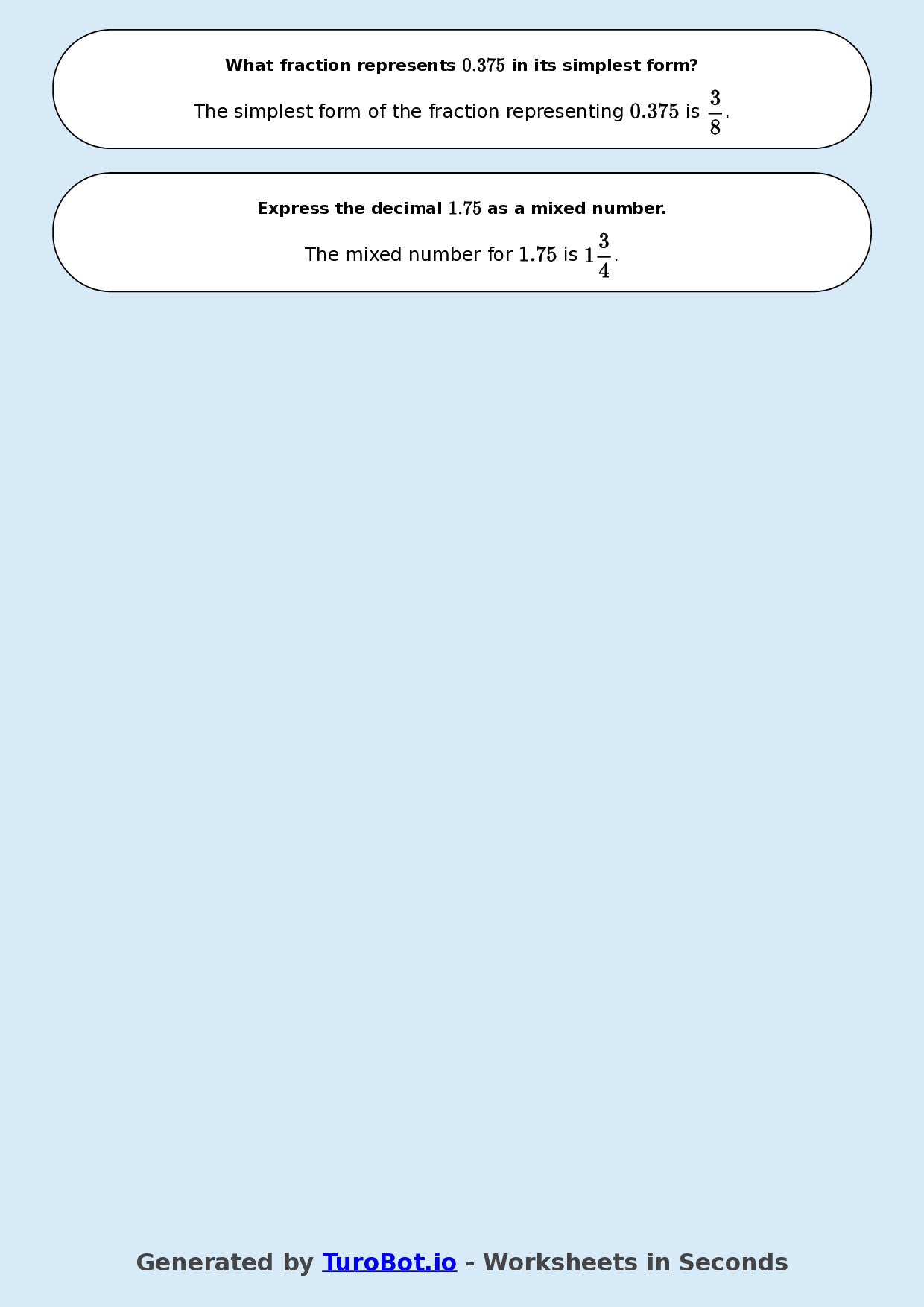 Year 8 Math Worksheet – Decimals to Fractions Basics 2