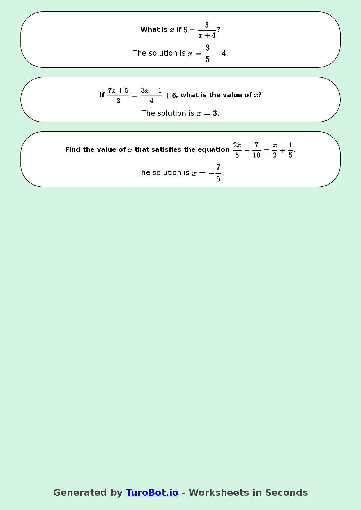 Year 8 Math Worksheet – Equations with Fractions 2