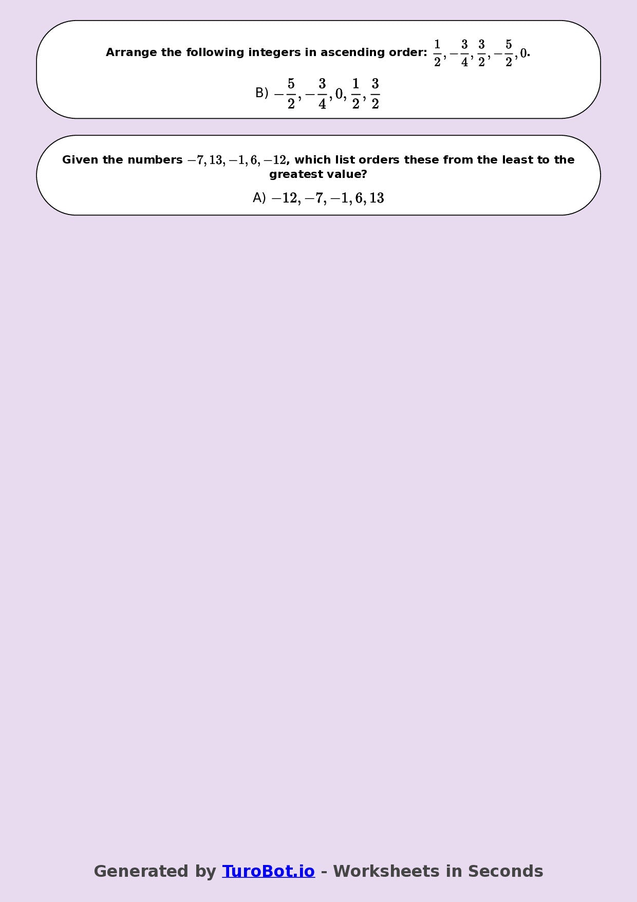 Year 9 Math Worksheet – Ordering Integers