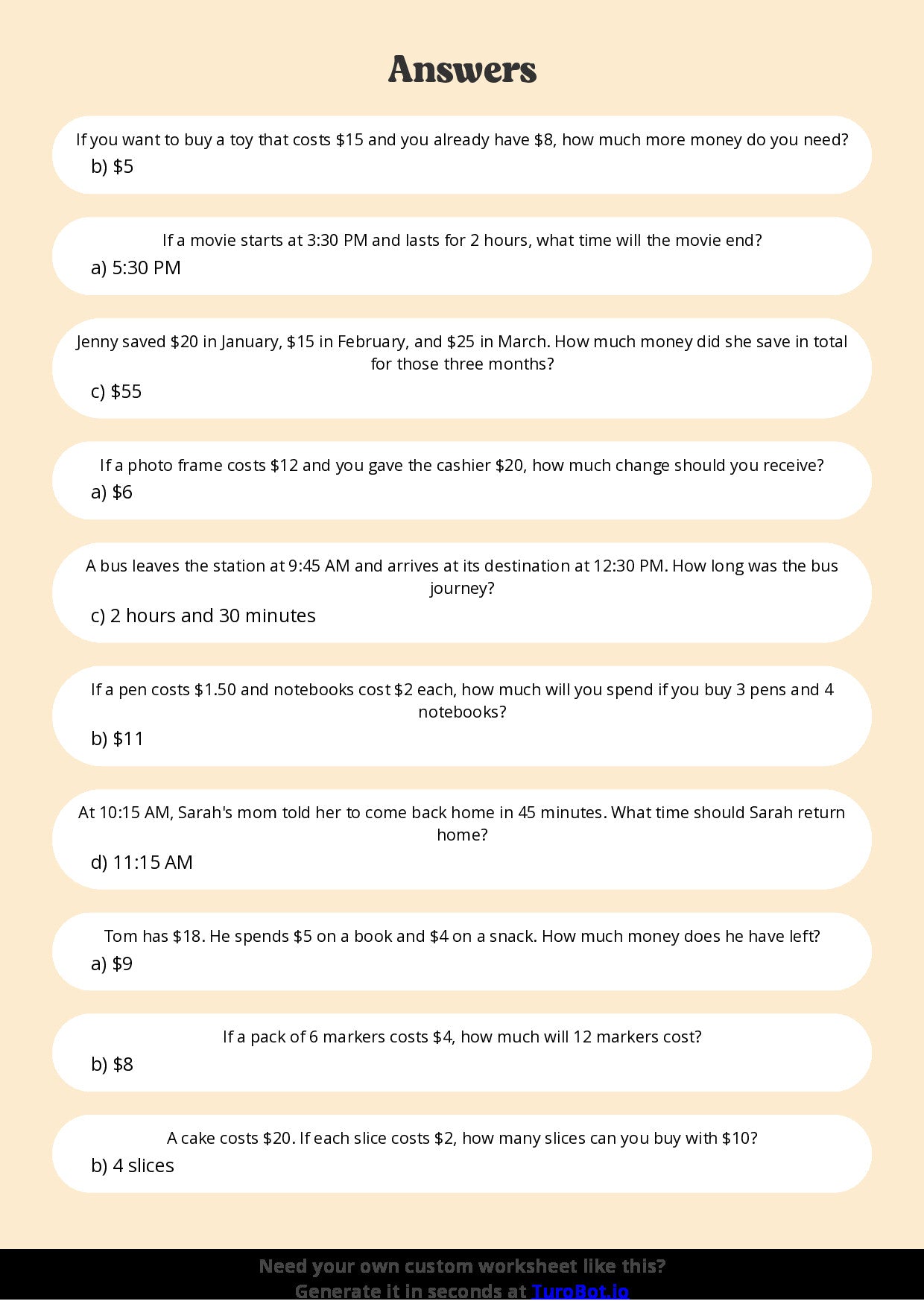 Free Worksheet - Year 5 Mathematics Time and Money Problems Multiple Choice