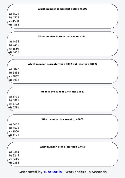 Year 3 Maths Multiple Choice Worksheet β Comparing Numbers up to 10000
