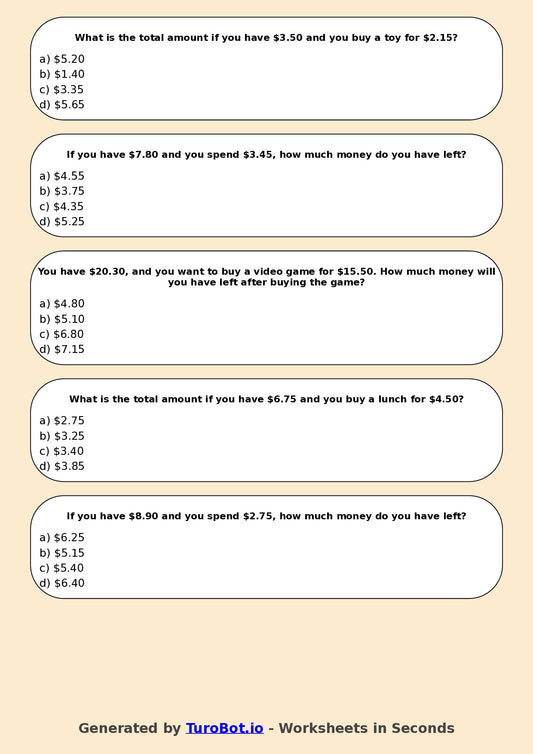 Year 4 Maths Multiple Choice Worksheet β Decimal Money Calculations
