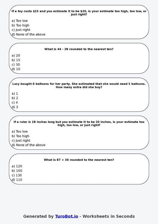 Year 4 Maths Multiple Choice Worksheet β Estimating Answers Reasonably