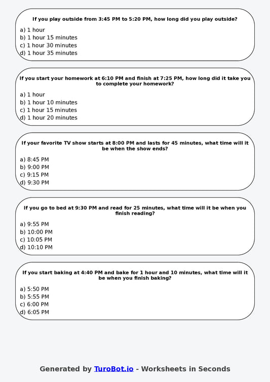 Year 4 Maths Multiple Choice Worksheet β Time Duration Problems