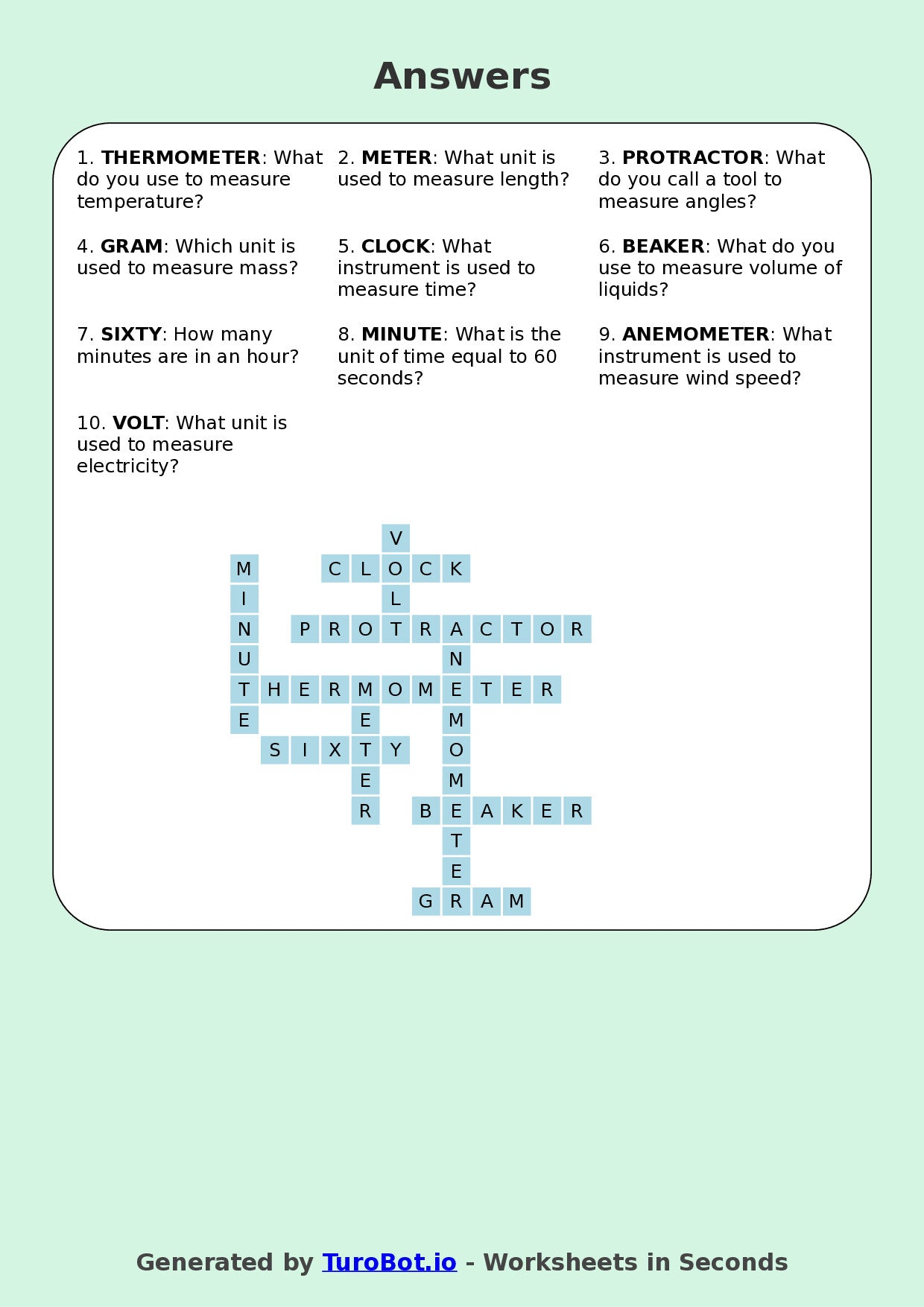 Year 5 Maths Crossword Worksheet – Measurement and Time Words