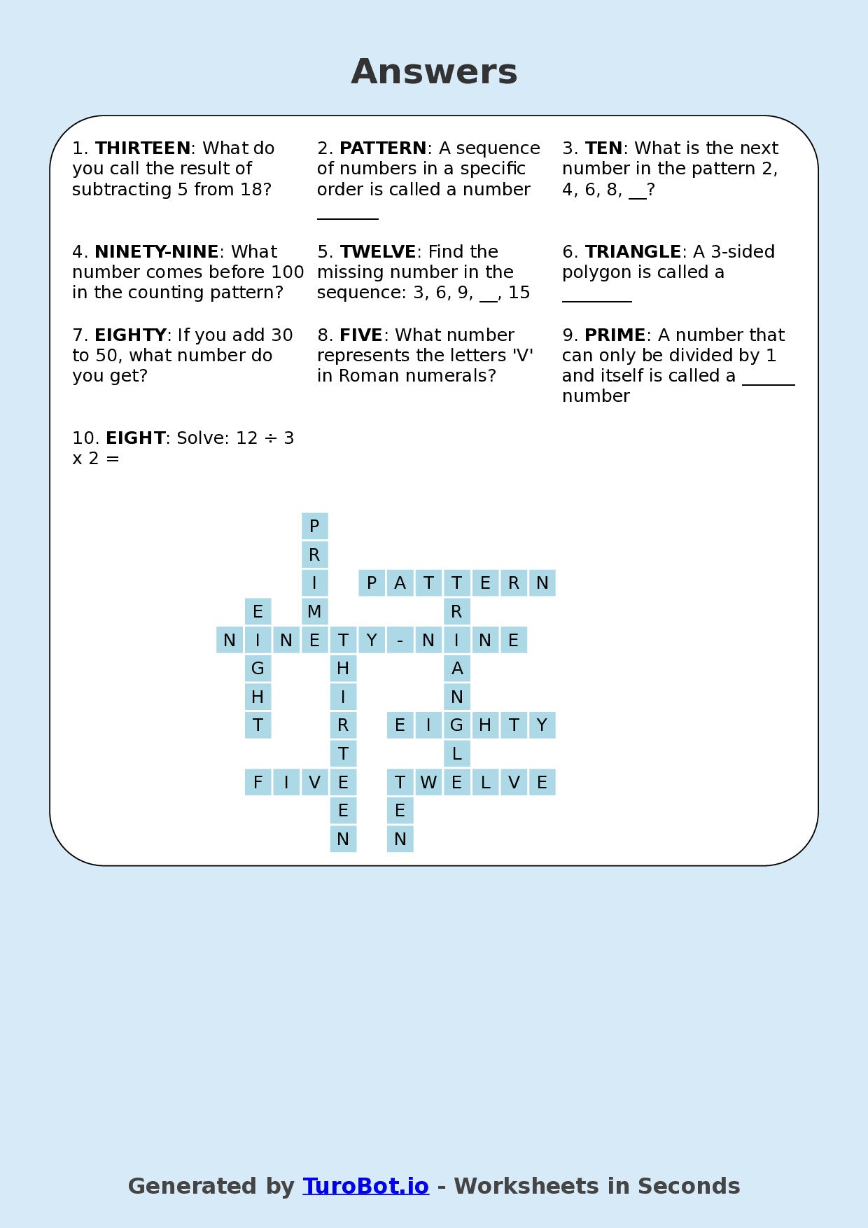 Year 6 Maths Crossword Worksheet – Number Patterns Vocabulary