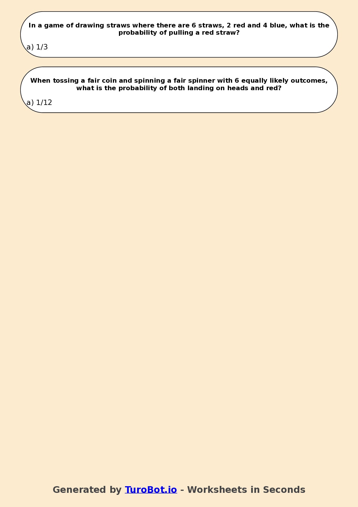 Year 6 Maths Multiple Choice Worksheet – Simple Chance Experiments