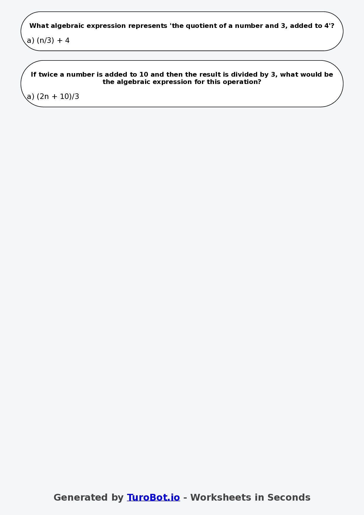 Year 7 Maths Multiple Choice Worksheet – Writing Algebra from Word Statements