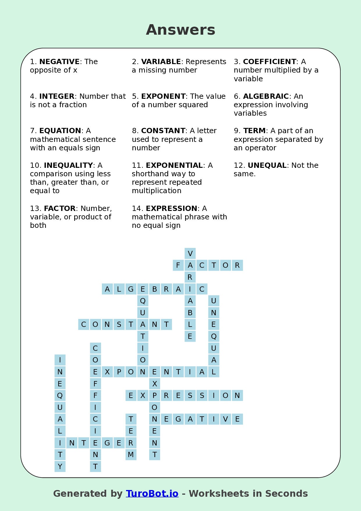 Maths - Year 7 - Crossword - Algebraic Terms and Symbols