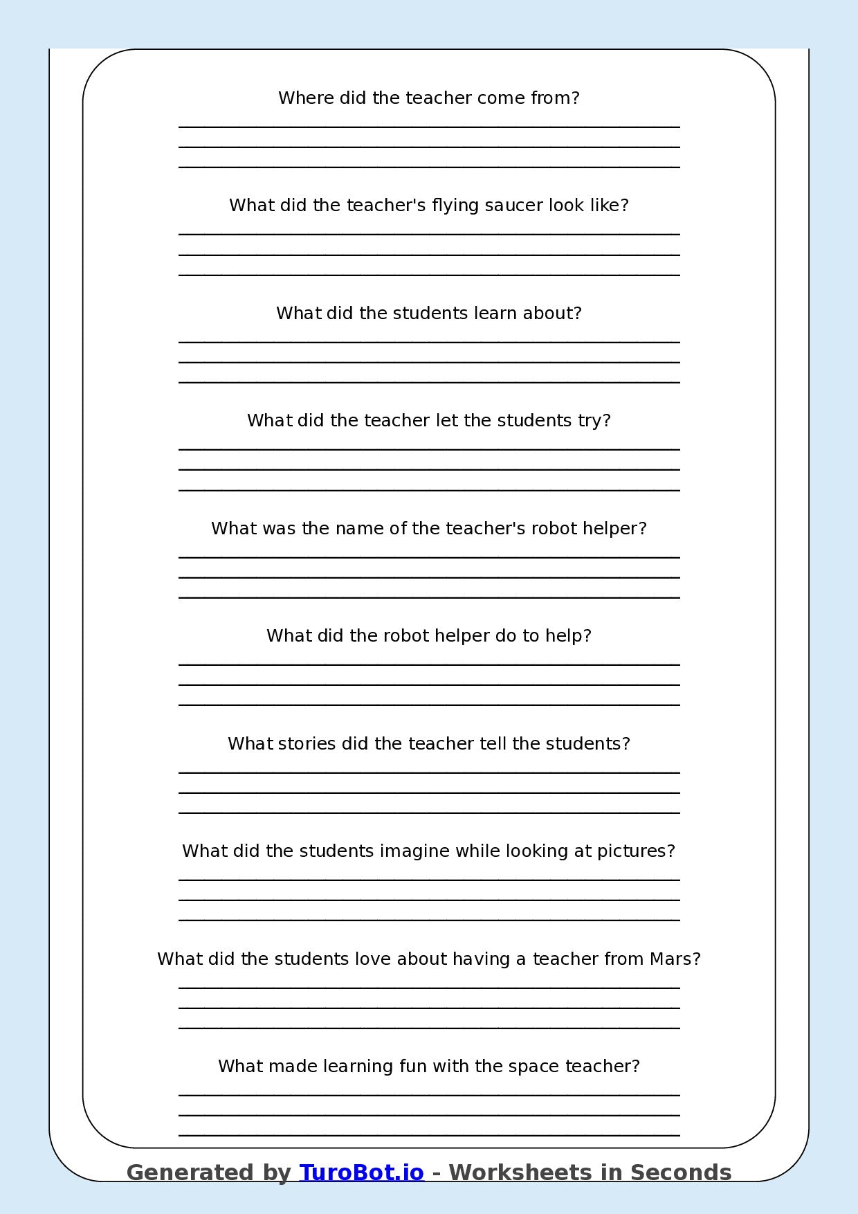 Reading Comprehension - Year 3 - My Teacher Came From Mars
