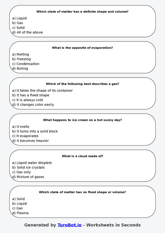 Year 4 Science Multiple Choice Worksheet β States of Matter Changes