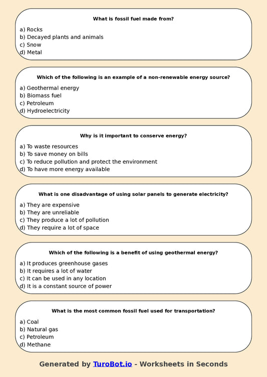 Year 5 Science Multiple Choice Worksheet β Energy Sources and Uses
