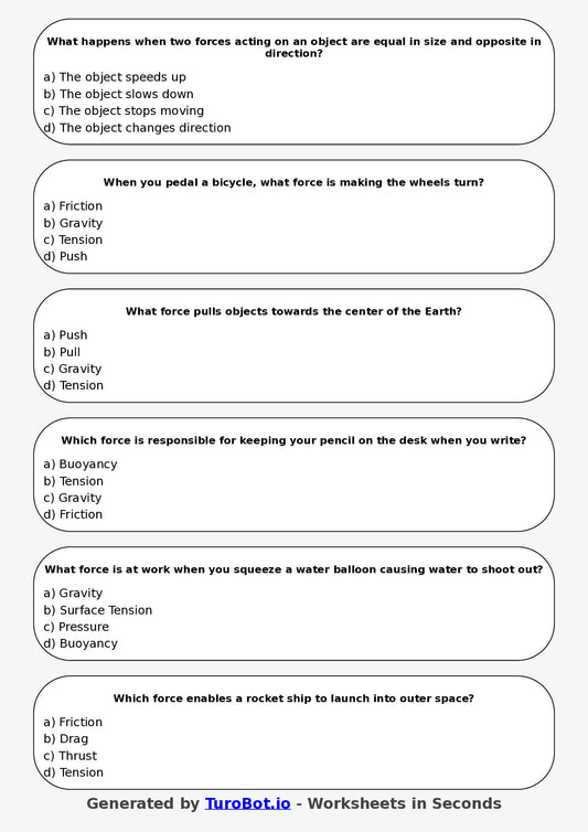 Year 5 Science Multiple Choice Worksheet β Pushes Pulls and Forces