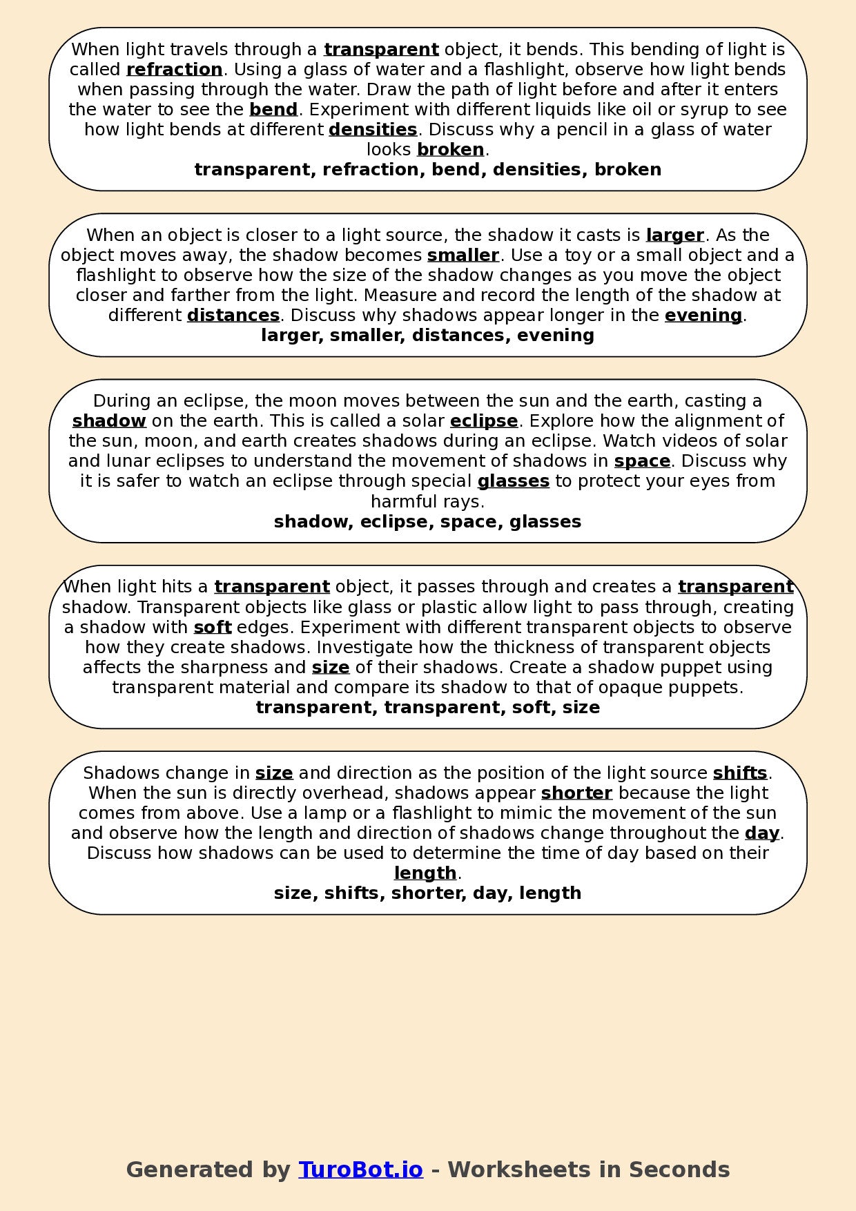 Year 6 Science Fill in the Blanks Worksheet – Light and Shadows