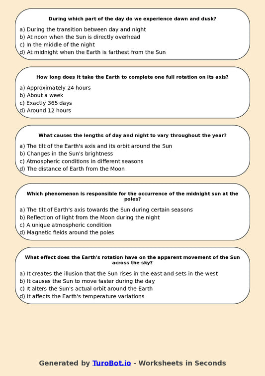 Year 6 Science Multiple Choice Worksheet β Earth Rotation and Day Night Cycle