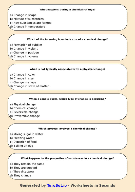 Year 7 Science Multiple Choice Worksheet β Chemical and Physical Changes