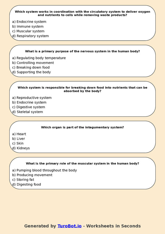 Year 7 Science Multiple Choice Worksheet β Human Body Systems Overview