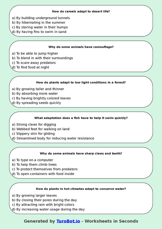 Year 8 Science Multiple Choice Worksheet β Adaptations in Plants and Animals