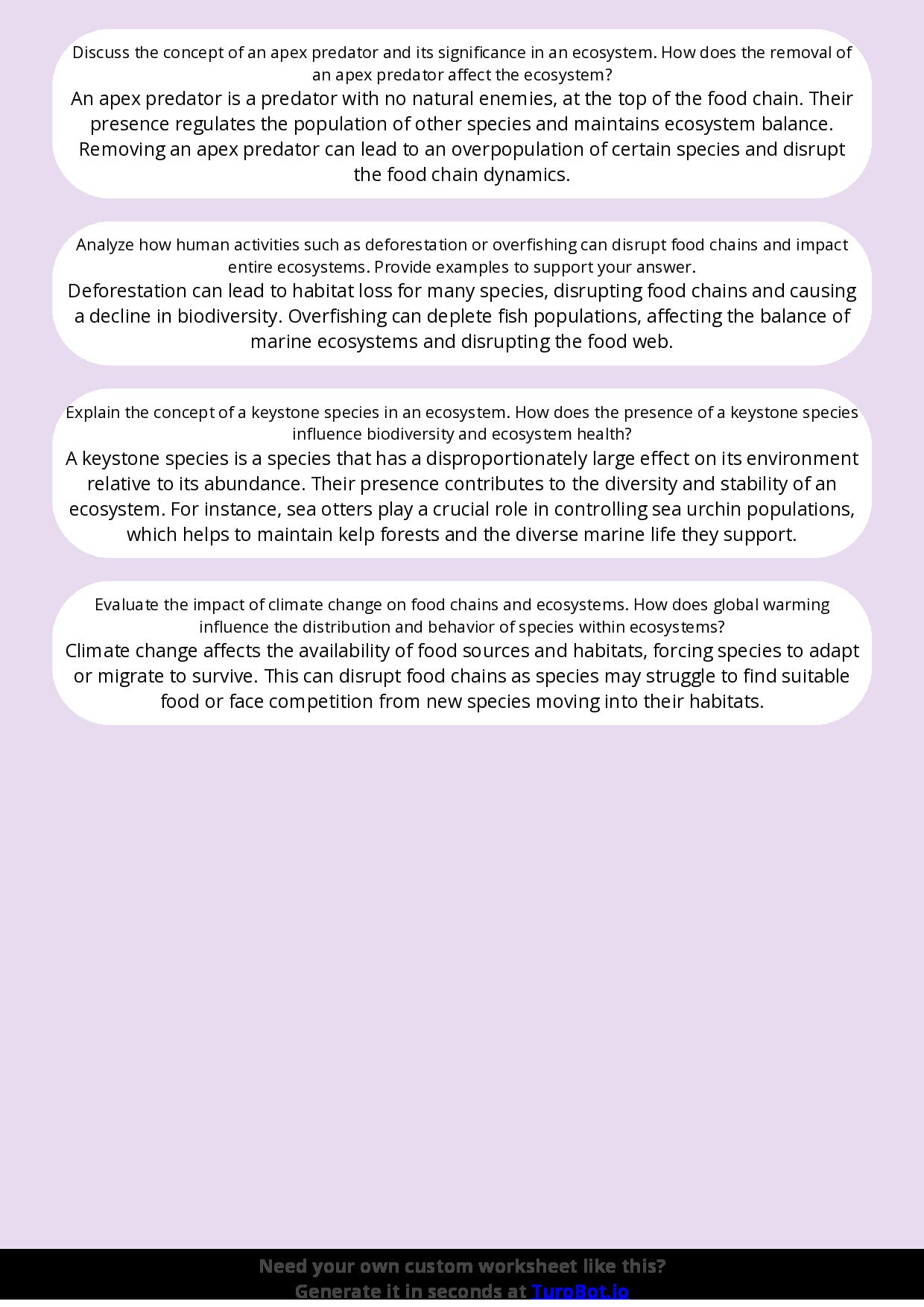 Free Worksheet - Year 8 Science Food Chains and Ecosystems Short Answer Response