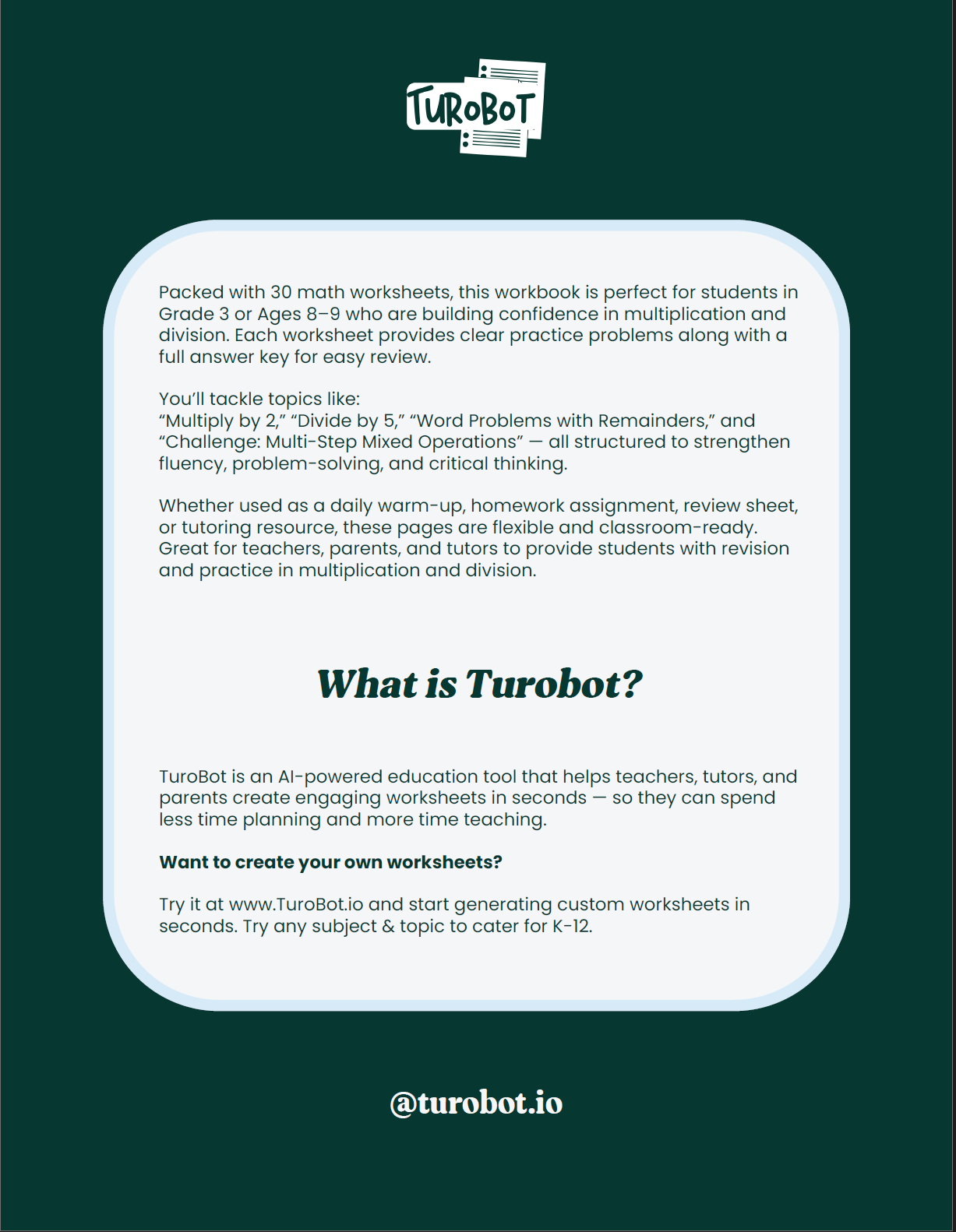 Grade 3 Multiplication and Division Workbook for Ages 8 - 10