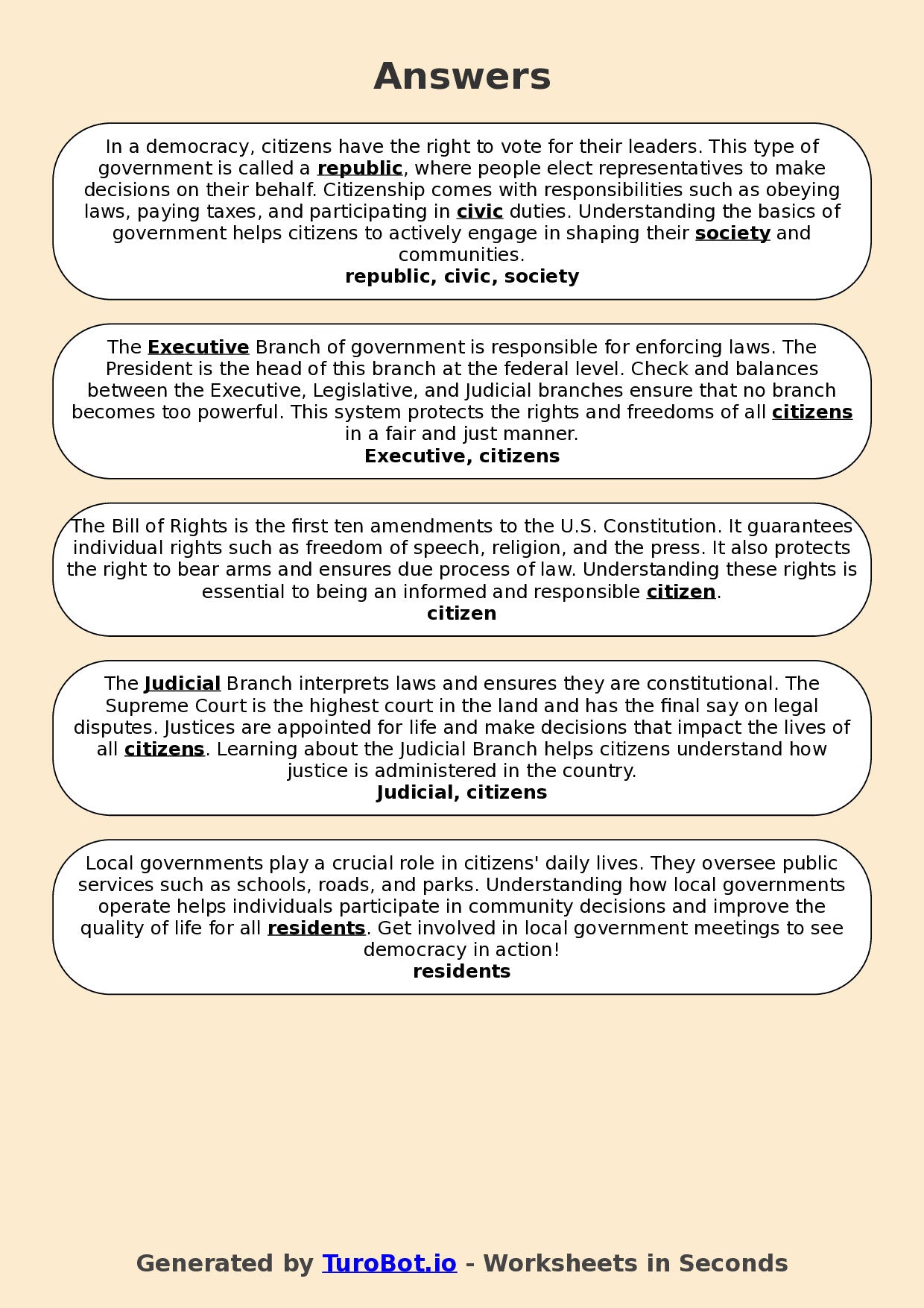Year 5 Social Studies Fill in the Blanks Worksheet – Government and Citizenship Basics