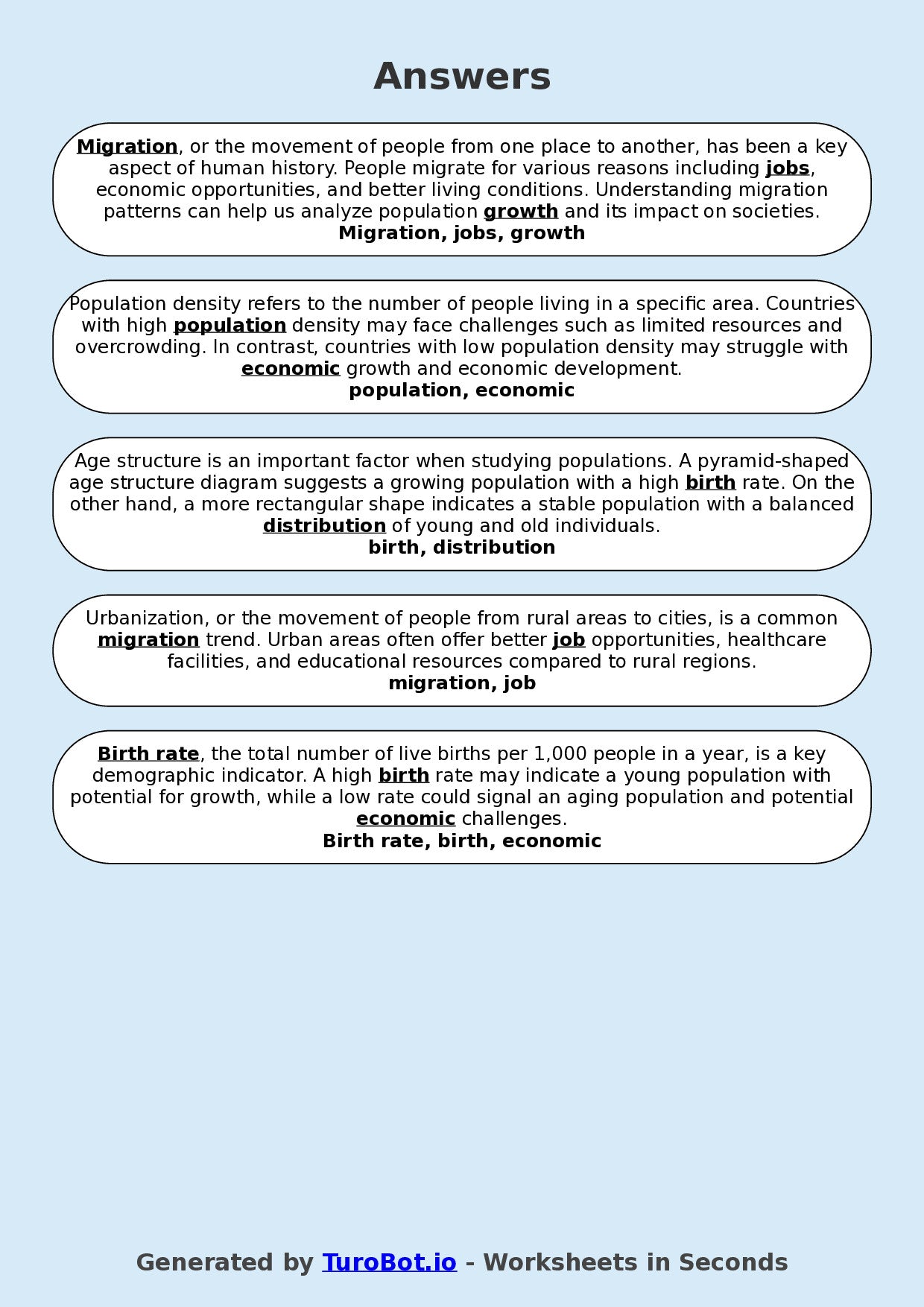 Year 8 Social Studies Fill in the Blanks Worksheet – Population and Migration Concepts