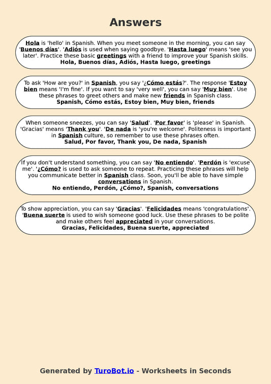 Year 5 Spanish Fill in the Blanks Worksheet – Basic Spanish Greetings