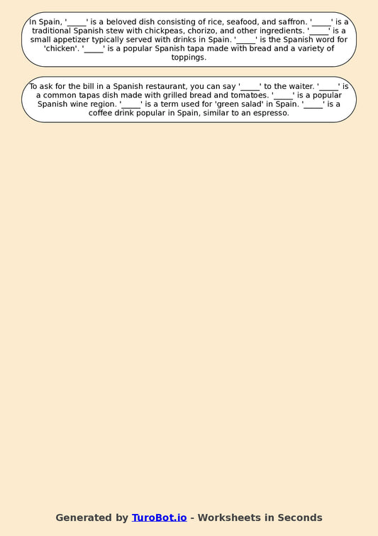 Year 6 Spanish Fill in the Blanks Worksheet – Spanish Vocabulary for Food & Drinks