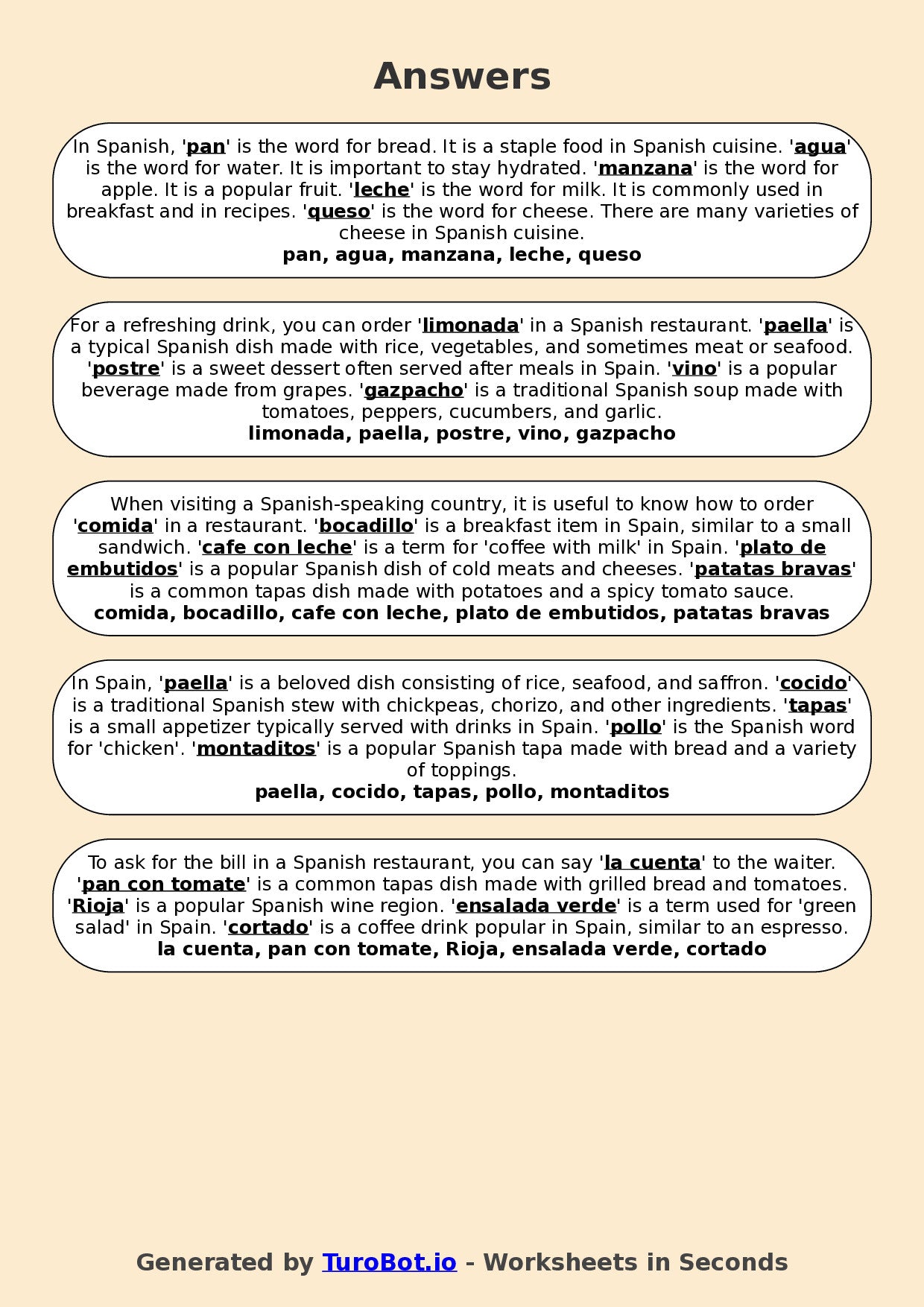 Year 6 Spanish Fill in the Blanks Worksheet – Spanish Vocabulary for Food & Drinks