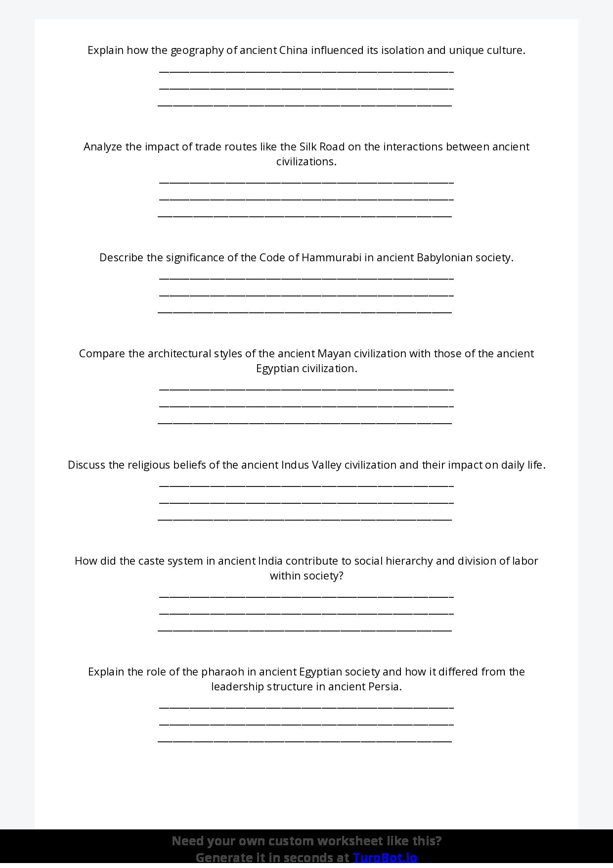 Free Worksheet - Year 10 Ancient History Comparing Ancient Civilisations Short Answer Response