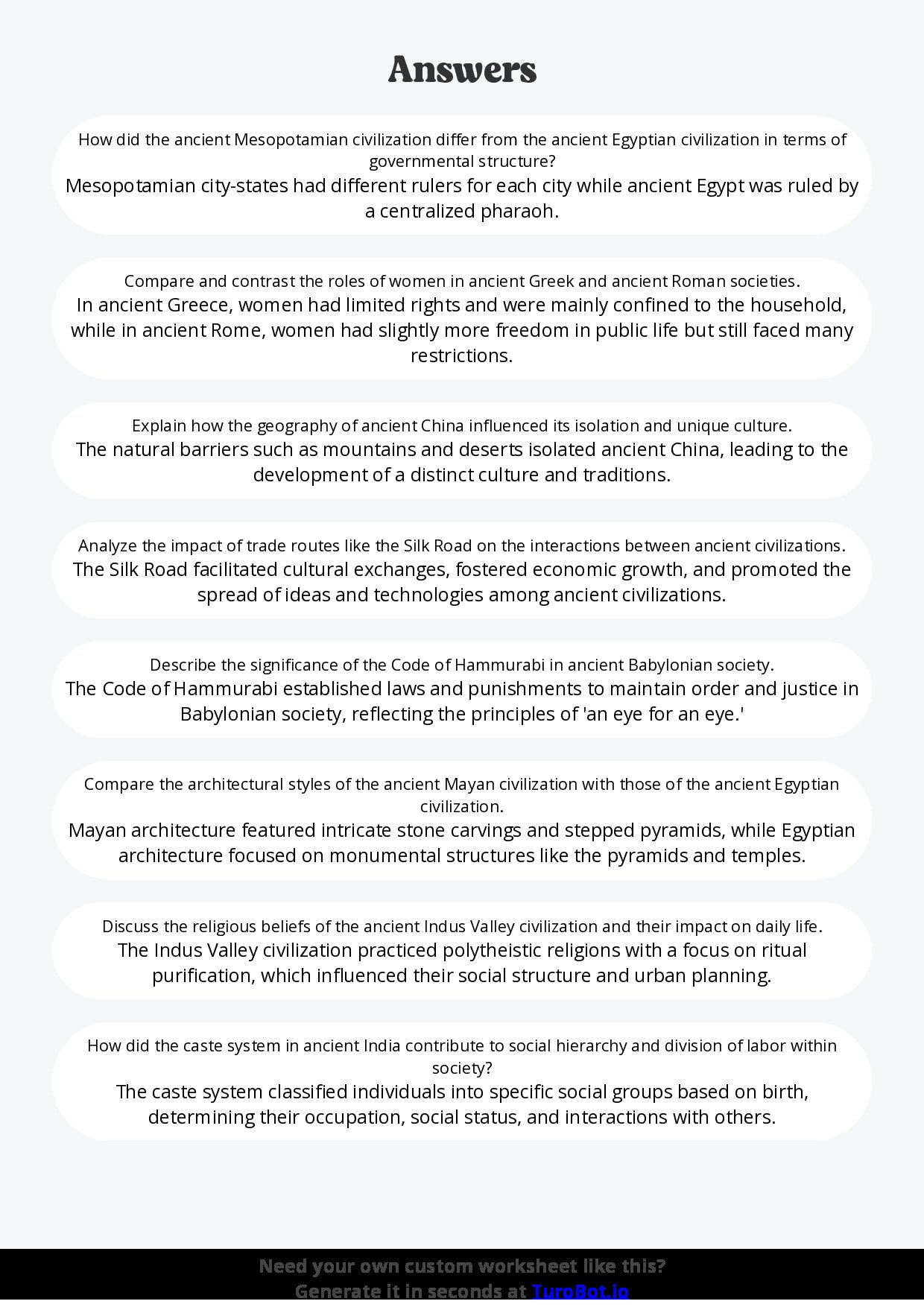 Free Worksheet - Year 10 Ancient History Comparing Ancient Civilisations Short Answer Response