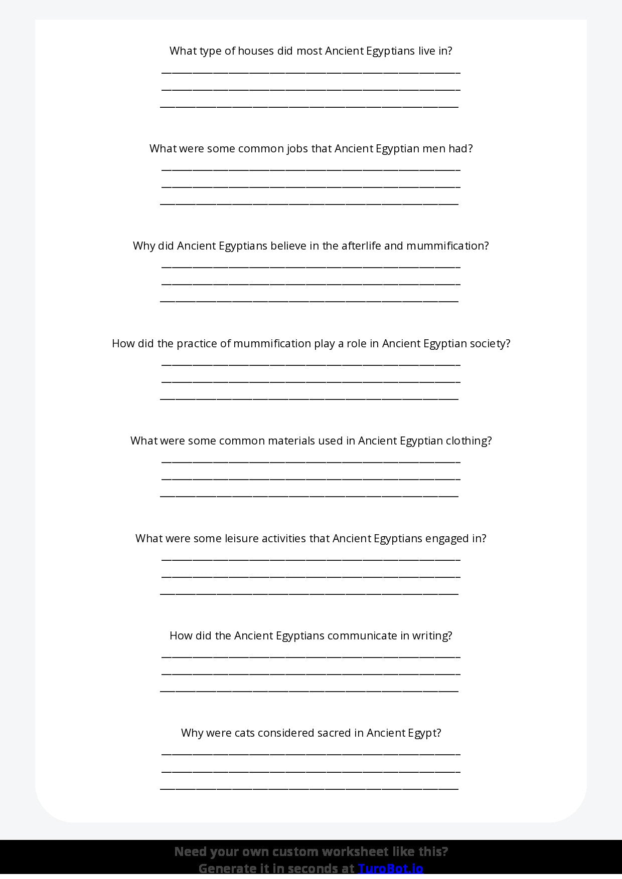 Free Worksheet - Year 6 Ancient History Daily Life in Ancient Egypt Short Answer Response