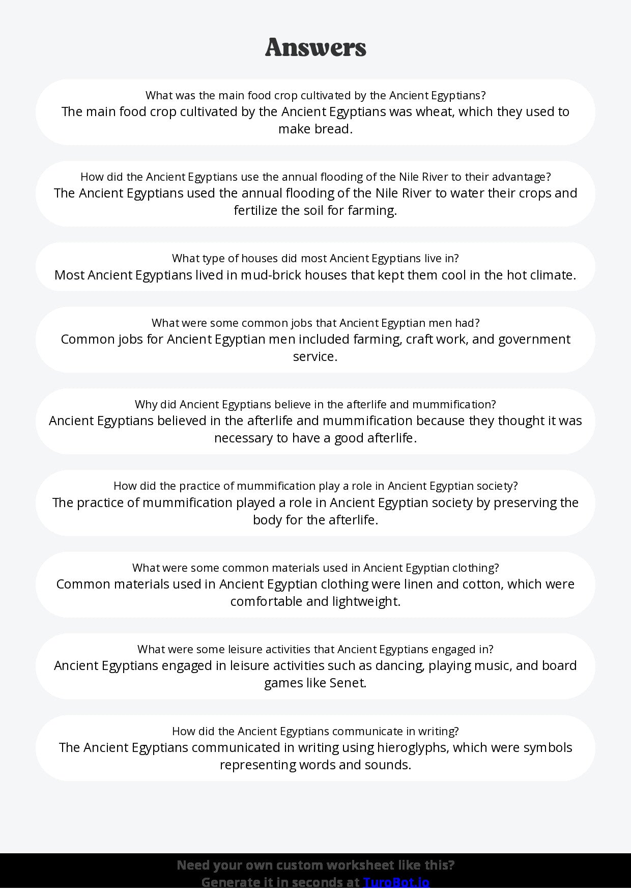 Free Worksheet - Year 6 Ancient History Daily Life in Ancient Egypt Short Answer Response