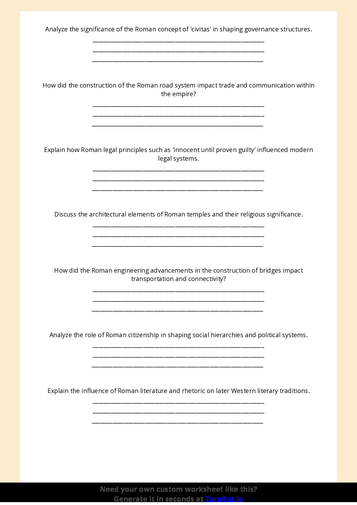 Free Worksheet - Year 7 Ancient History The Achievements of Ancient Rome Short Answer Response