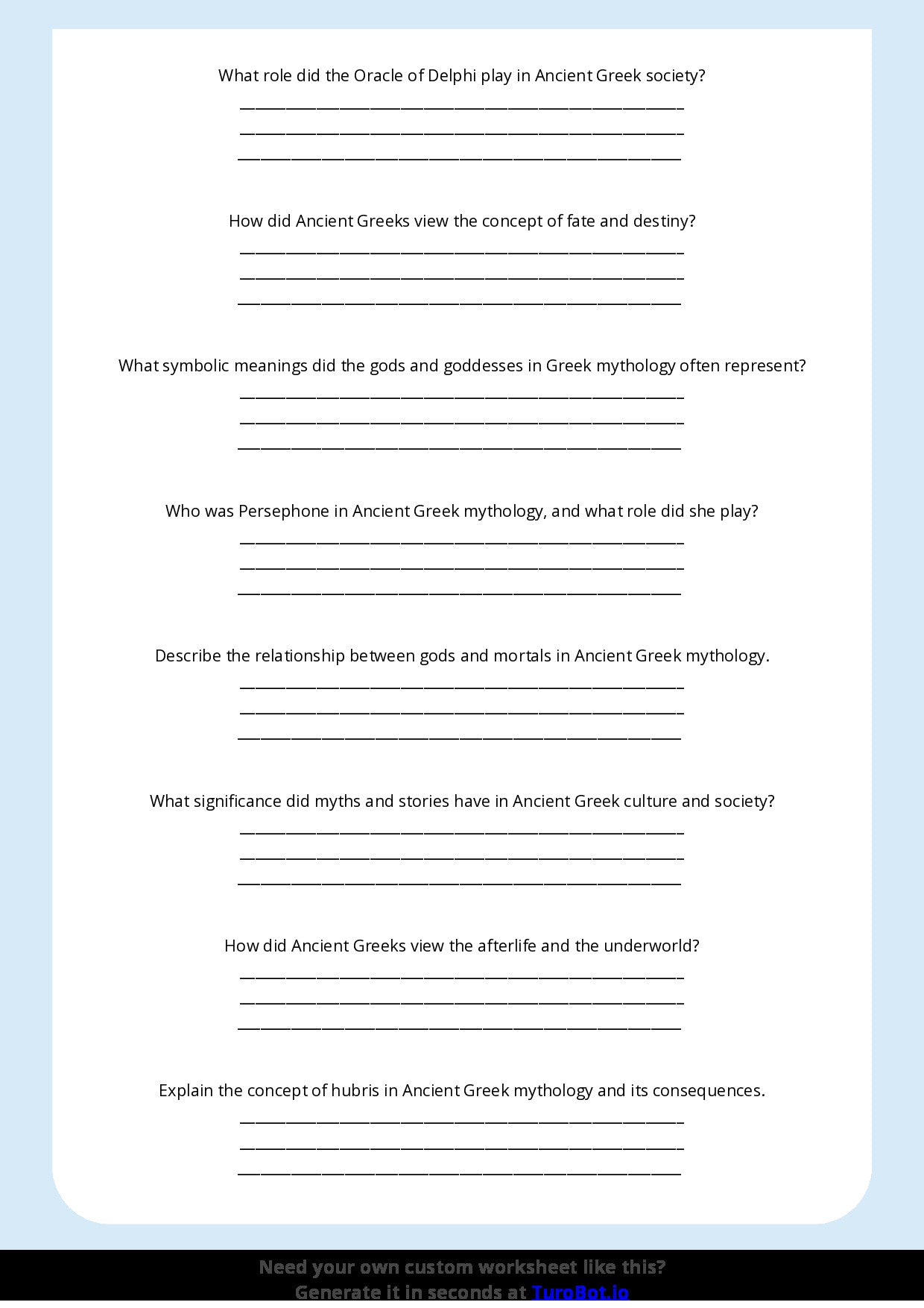 Free Worksheet - Year 8 Ancient History Ancient Greek Mythology and Beliefs Short Answer Response