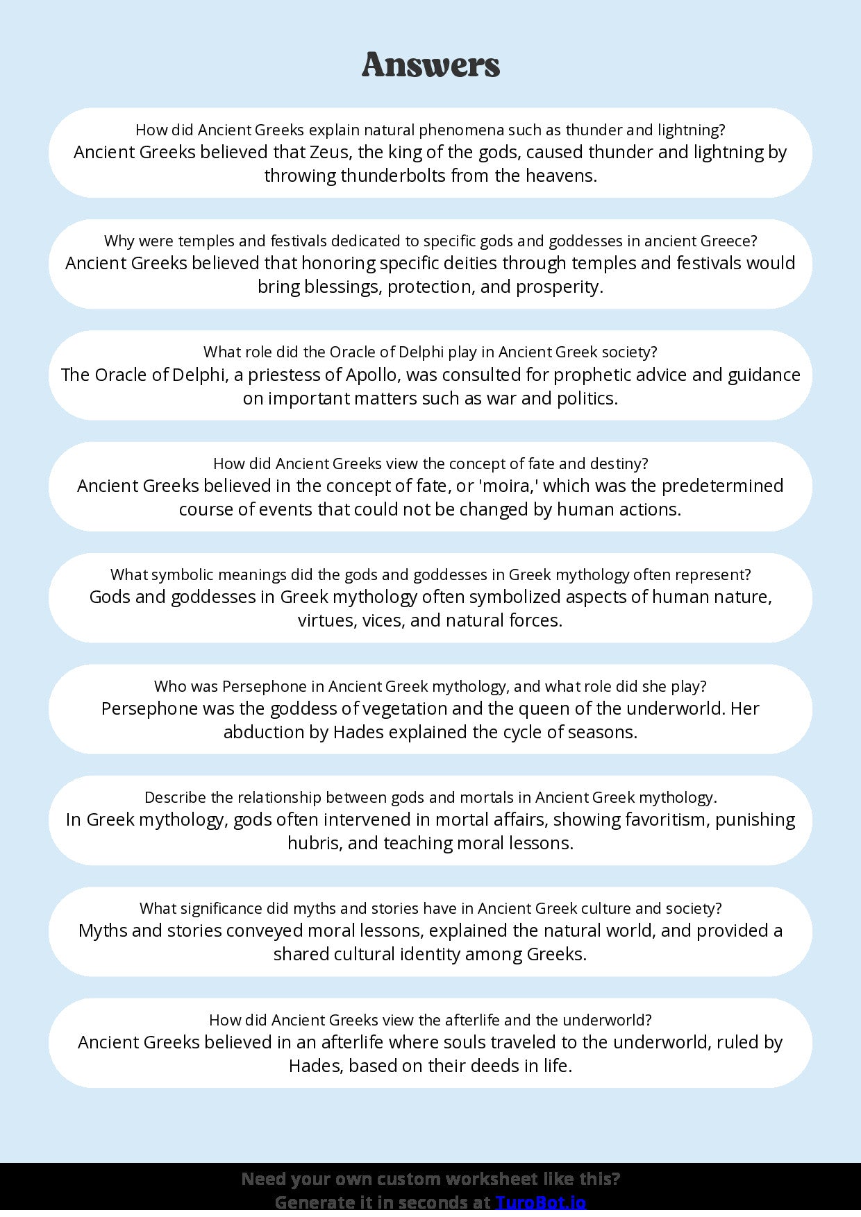 Free Worksheet - Year 8 Ancient History Ancient Greek Mythology and Beliefs Short Answer Response