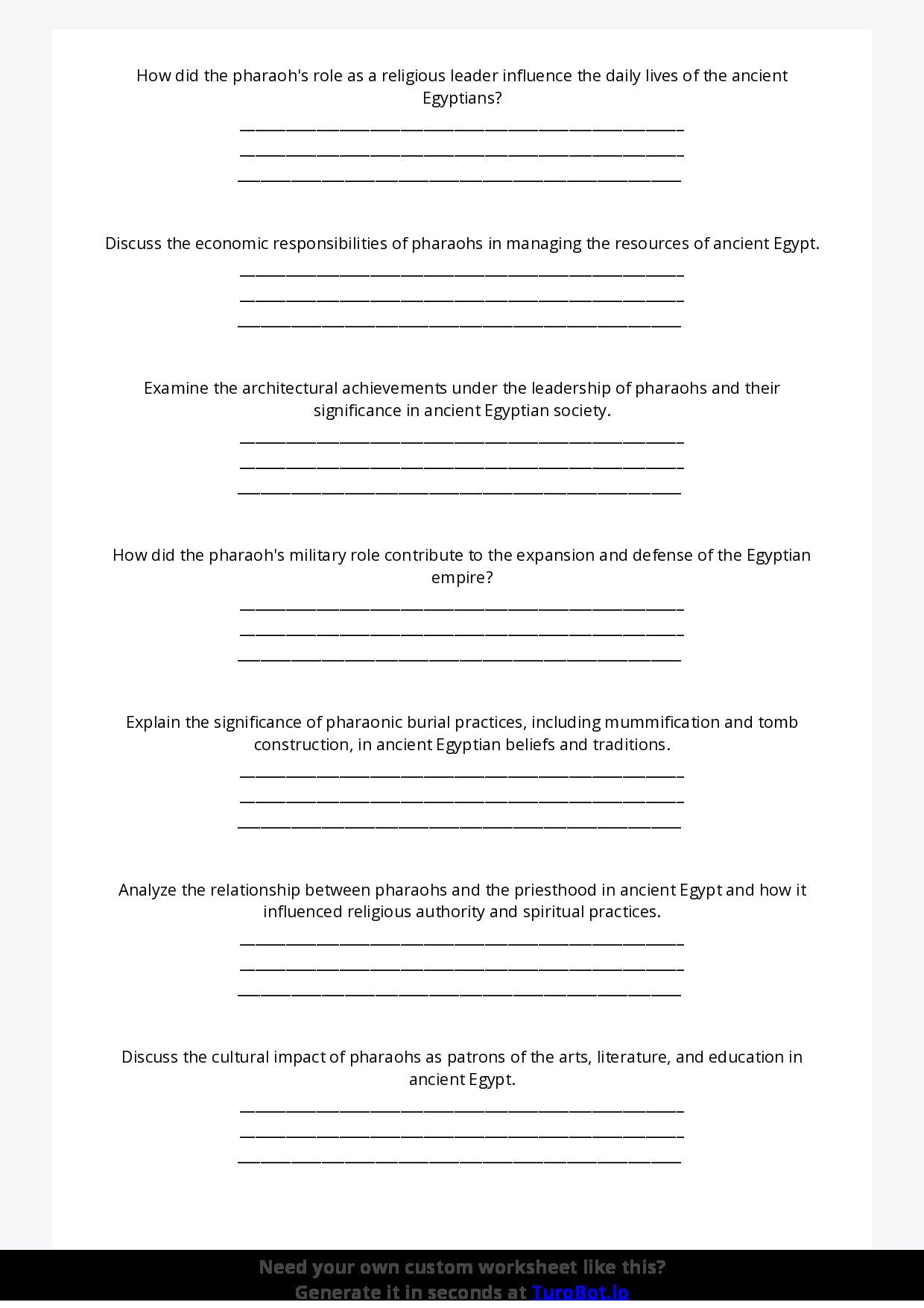 Free Worksheet - Year 9 Ancient History The Role of Pharaohs in Ancient Egypt Short Answer Response