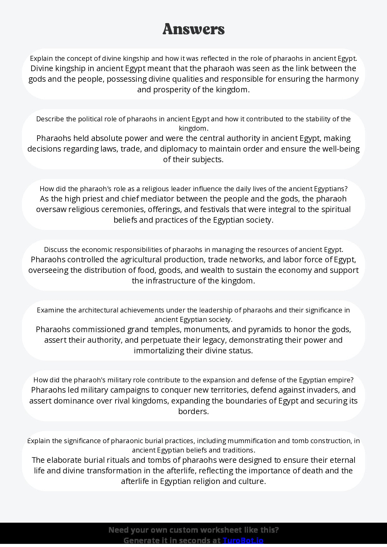 Free Worksheet - Year 9 Ancient History The Role of Pharaohs in Ancient Egypt Short Answer Response